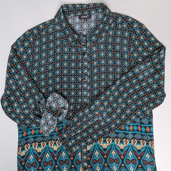 Tolani Silk Tunic Button Up Small Black Aqua Aztec Boho Blouse Prairie Roll Tab - Picture 8 of 8